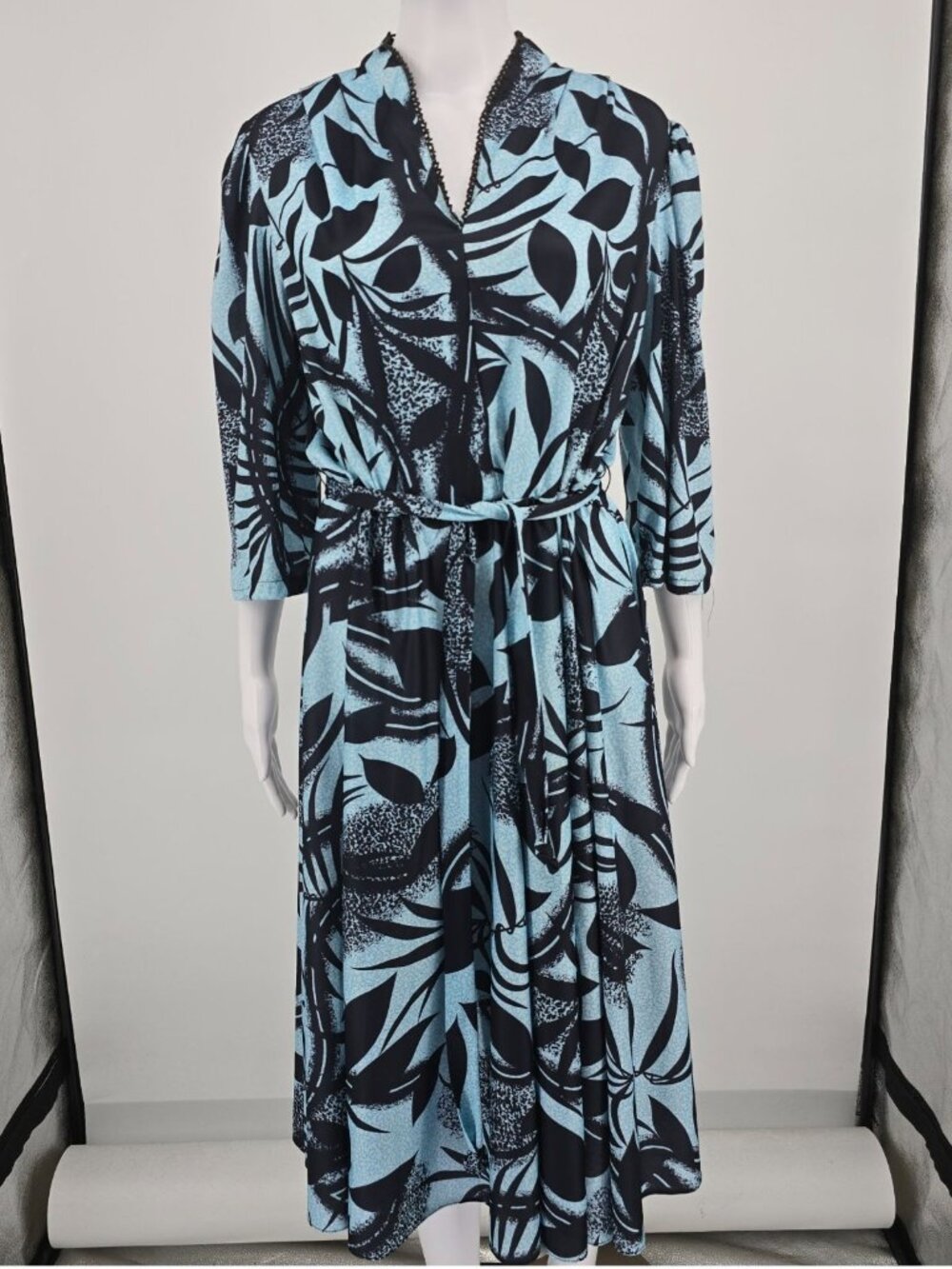 Vintage 1980s Whirlaway Frocks Blue/Black Tropical Leaf Print Day Dress (16/XL)